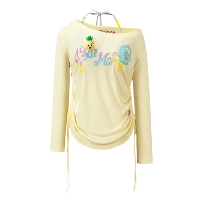 13DE MARZO Asymmetric Shoulder Long Sleeve Set Yellow