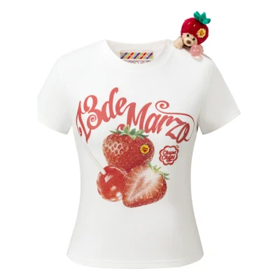 13DE MARZO Fruit Illustration Fitted T-shirt White