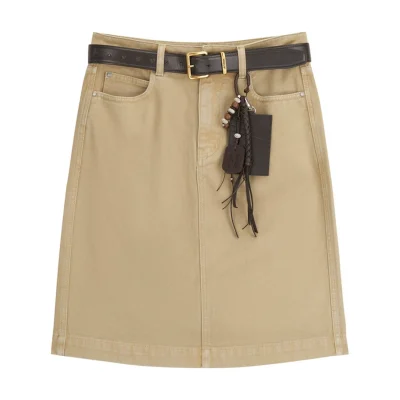 AVVENN X Moomin Belted Straight Denim Skirt Khaki