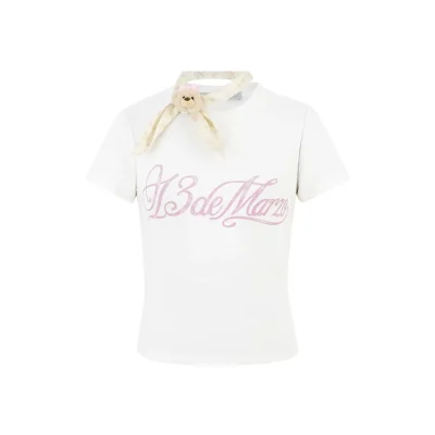13DE MARZO Cross-Over Collar Button-Strap T-Shirt White