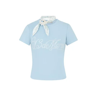 13DE MARZO Cross-Over Collar Button-Strap T-Shirt Blue