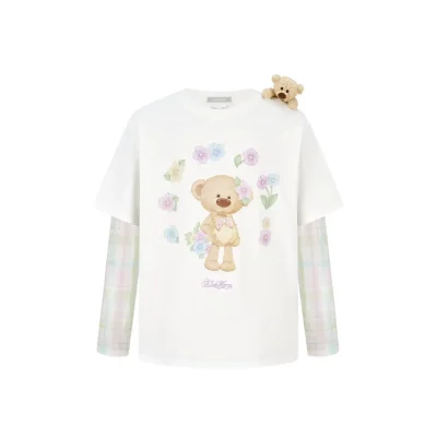 13DE MARZO Floral Applique Style Long Sleeve T-Shirt White
