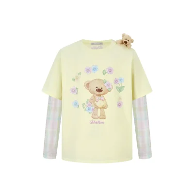 13DE MARZO Floral Applique Style Long Sleeve T-Shirt Yellow