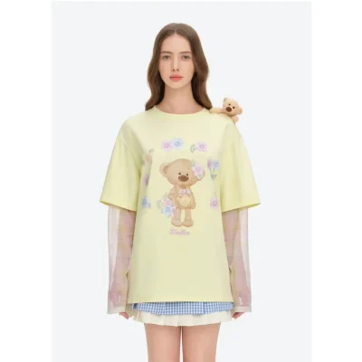 13DE MARZO Floral Applique Style Long Sleeve T-Shirt Yellow