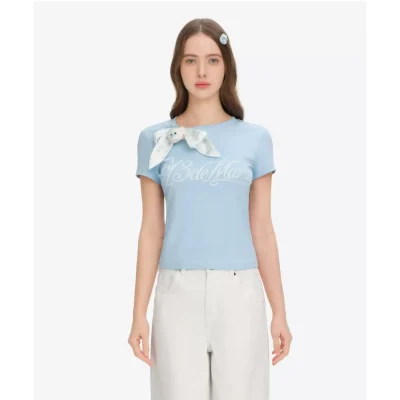 13DE MARZO Cross-Over Collar Button-Strap T-Shirt Blue