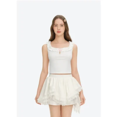 13DE MARZO Ruffle Collar Camisole White