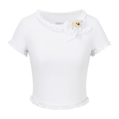 13DE MARZO Ruffle Hem Bow Tie Blouse White