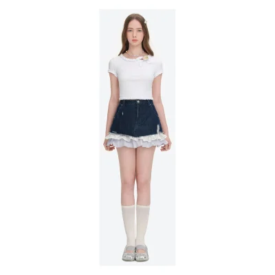 13DE MARZO Ruffle Hem Bow Tie Blouse White