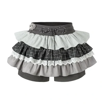 13DE MARZO Patchwork Ruffle Tiered Skirt Dark Grey