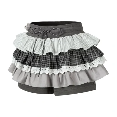 13DE MARZO Patchwork Ruffle Tiered Skirt Dark Grey