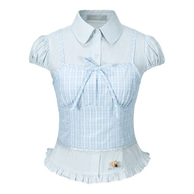 13DE MARZO Sleeveless Top with Puff Sleeve Shirt Blue