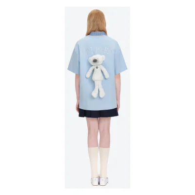 13DE MARZO Shimmer Logo Print Bear T-shirt Blue