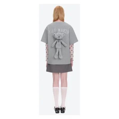 13DE MARZO Shimmer Logo Print Bear T-shirt Grey
