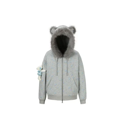 13DE MARZO Floral Print Hoodie with Fur Collar Grey