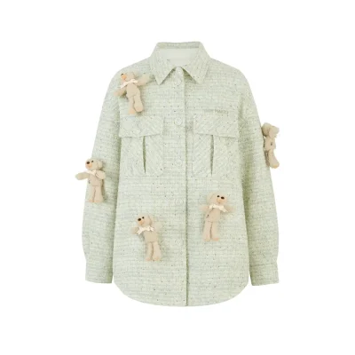 13DE MARZO All-Over Bear Print Tweed Shirt Jacket Green