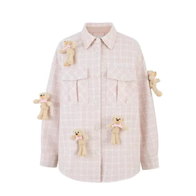 13DE MARZO All-Over Bear Print Tweed Shirt Jacket Pink