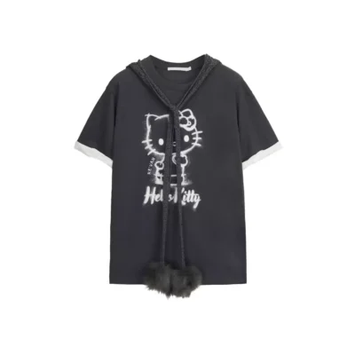 REVAN x Hello Kitty Pom Pom Shawl Collar Oversized T-Shirt Grey