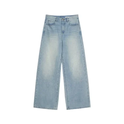 REVAN Vintage Washed Rhinestone Wide Leg Jeans Light Blue