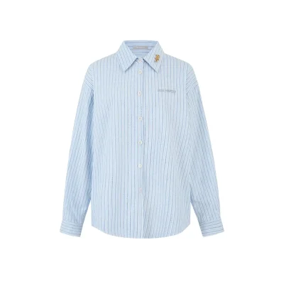 13DE MARZO Stripe Shirt with Rhinestone Bear Brooch Blue