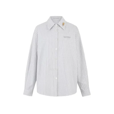 13DE MARZO Stripe Shirt with Rhinestone Bear Brooch Grey