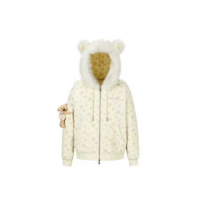 13DE MARZO Floral Print Hoodie with Fur Collar Beige