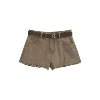 REVAN Brown Rhinestone Denim Shorts