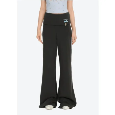 13DE MARZO Soft Wide-Leg Pants with Foldable Waistband Black