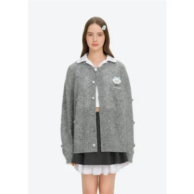 13DE MARZO Semi-Sheer Floral Cardigan Grey