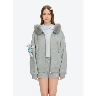 13DE MARZO Floral Print Hoodie with Fur Collar Grey