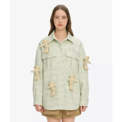13DE MARZO All-Over Bear Print Tweed Shirt Jacket Green