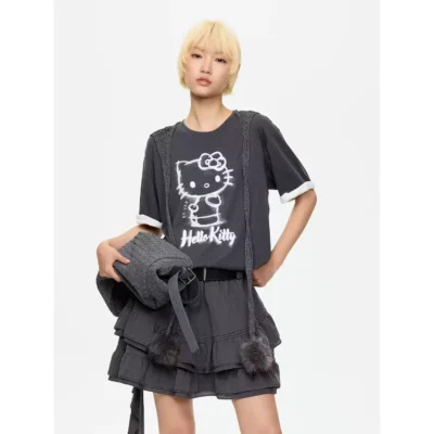 REVAN x Hello Kitty Pom Pom Shawl Collar Oversized T-Shirt Grey