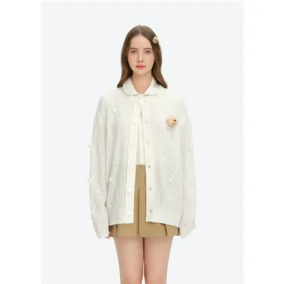 13DE MARZO Semi-Sheer Floral Cardigan White