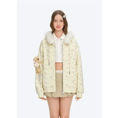 13DE MARZO Floral Print Hoodie with Fur Collar Beige