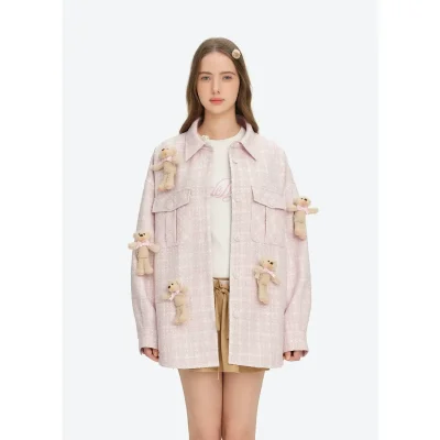 13DE MARZO All-Over Bear Print Tweed Shirt Jacket Pink