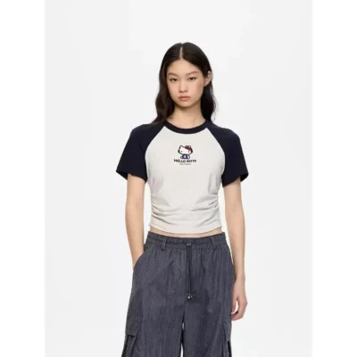 REVAN x Hello Kitty Beaded Contrast Raglan Ruched T-Shirt