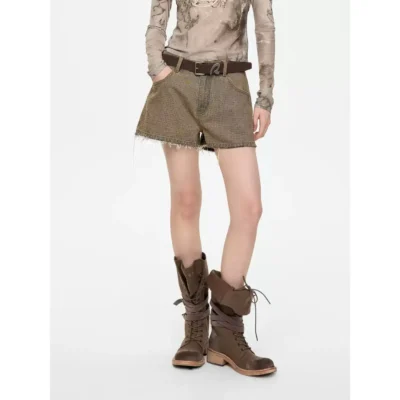 REVAN Brown Rhinestone Denim Shorts