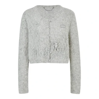 13DE MARZO Floral Bear Print Lazy Style Knitted Cardigan Grey