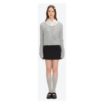 13DE MARZO Floral Bear Print Lazy Style Knitted Cardigan Grey