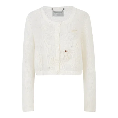 13DE MARZO Floral Bear Print Lazy Style Knitted Cardigan White