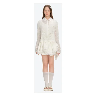 13DE MARZO Floral Bear Print Lazy Style Knitted Cardigan White