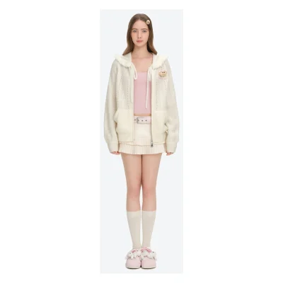 13DE MARZO Ruffle Collar Knitted Hoodie Beige