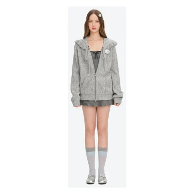 13DE MARZO Ruffle Collar Knitted Hoodie Grey