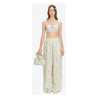 13DE MARZO All-Over Floral Print Loose Pants Beige