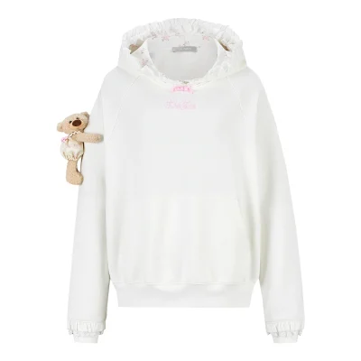 13DE MARZO Lace-Brim Pullover Hoodie White