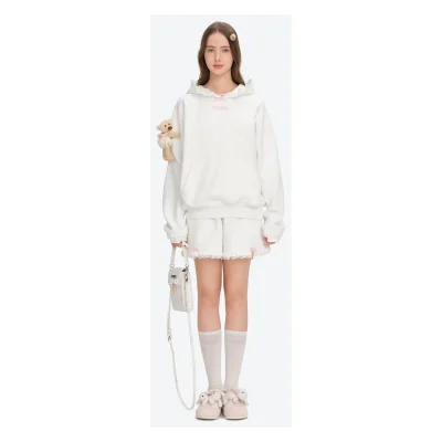 13DE MARZO Lace-Brim Pullover Hoodie White