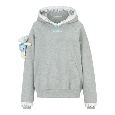 13DE MARZO Lace-Brim Pullover Hoodie Grey
