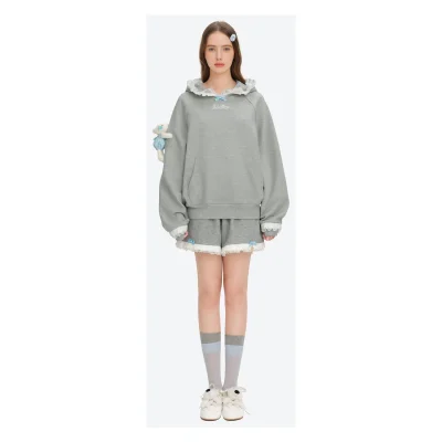 13DE MARZO Lace-Brim Pullover Hoodie Grey
