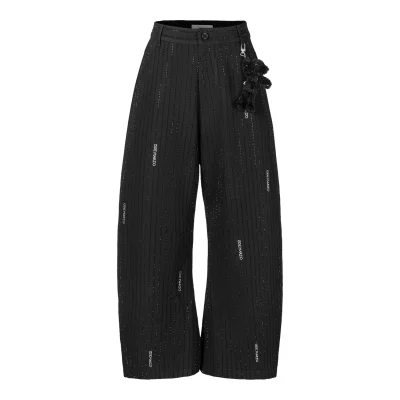 13DE MARZO Curved-Hem Stripe Rhinestone Trousers Black