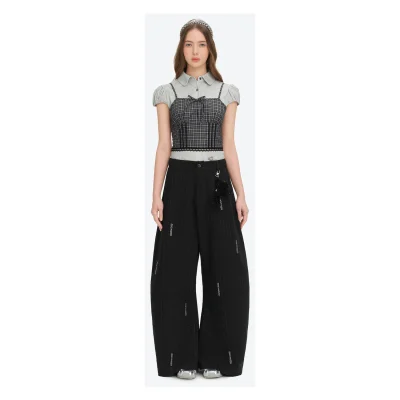 13DE MARZO Curved-Hem Stripe Rhinestone Trousers Black
