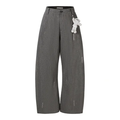 13DE MARZO Curved-Hem Stripe Rhinestone Trousers Grey